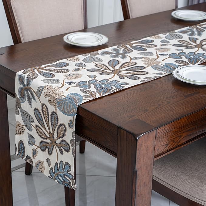 Mika Home Tropical Leaf Table Runner for Home Decor 13X90 Inches Blue Brown Seasonal Dining Table Decoration for Home