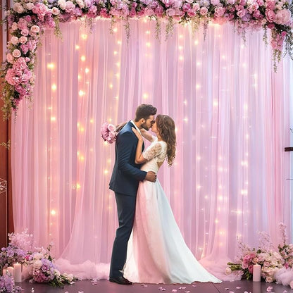 20ft x 10ft Pink Tulle Photo Backdrop Curtain with Lights String for Baby Shower Sheer Baby Pink Curtain Backdrop for Birthday Party Wedding Photo Booth Photography Background Decorations