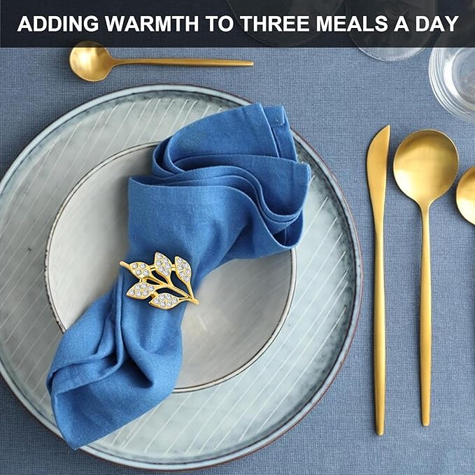 Gold Napkin Rings Set of 10,Napkin Rings Holder Buckles,Thanksgiving Christmas Napkin Ring Alloy Leaf Diamonds Napkin Ring for Dining Table Decor Wedding,Dinner Party Decorations White Diamonds 10pcs