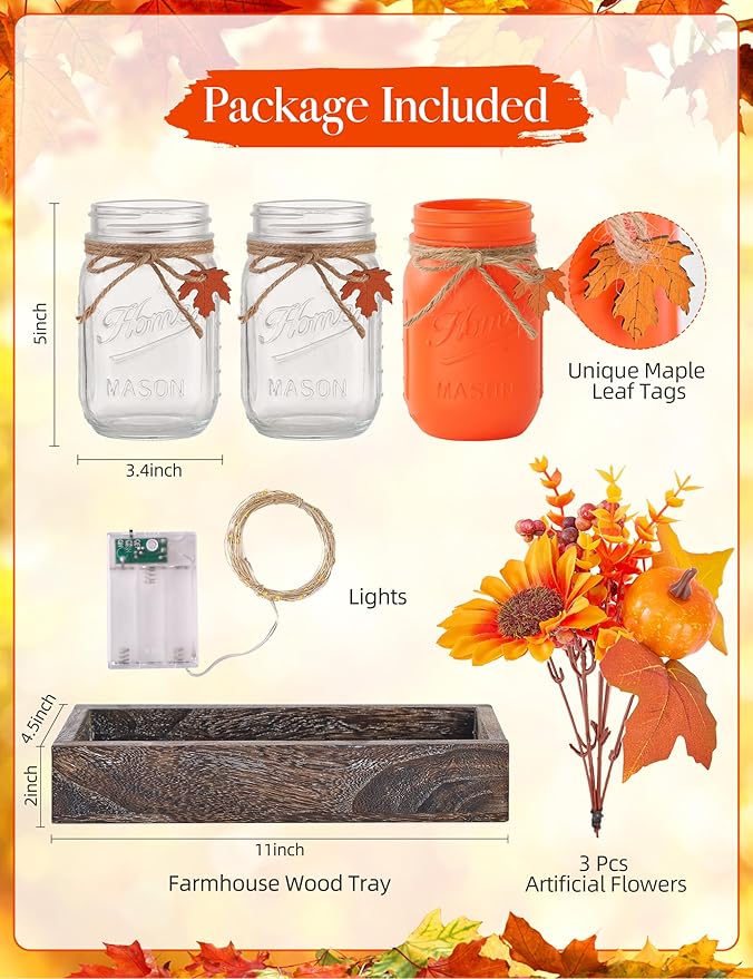 Fall Thanksgiving Table Decor, Centerpieces for Tables with Mason Jars, Fake Flowers, Wood Tray, 25 Pcs Pumpkin Fall Thanksgiving Centerpieces Table Decorations for Home Indoor, Autumn Decor