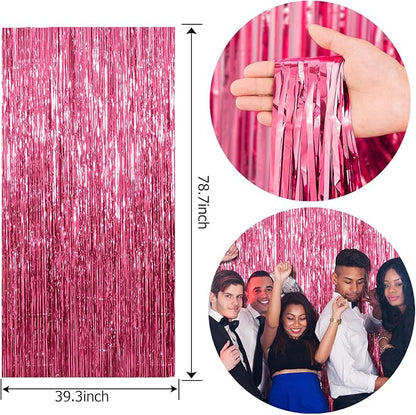 10 Pack Foil Curtain Backdrop Pink Metallic Tinsel Foil Fringe Curtains Photo Booth Props for Birthday Wedding Engagement Baby Shower Bachelorette Christmas Holiday Celebration Party