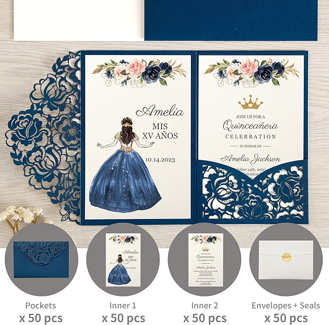 DORIS HOME 50pcs Laser Cut Quinceanera Invitations Blue, 4.7x7.1 Personalized Quince Invitations for 15th Birthday, Invitation cards for Sweet 16 with Envelopes