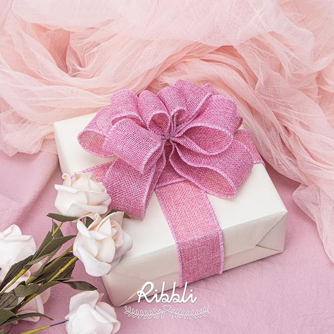 Ribbli Pink Burlap Valentine's Day Wired Ribbon,1-1/2 Inch x 10 Yard,Easter Wired Edge Ribbon for Big Bow,Wreath,Tree Decoration,Outdoor Decoration
