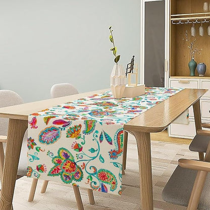 Paisley Table Runner, Watercolor Floral Oriental Indian Traditional Tulips Leaves Bohemian Paisley Print Table Runner for Kitchen Dining Tables Party Decor, 13x90inch