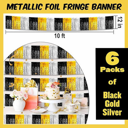 6 Pack 10 Ft Black Gold Silver Foil Fringe Garland Metallic Streamers Tinsel Banner Wall Hanging Garland Backdrop for Parade Floats, Halloween, Christmas, Thanksgiving, New Year Party Decorations