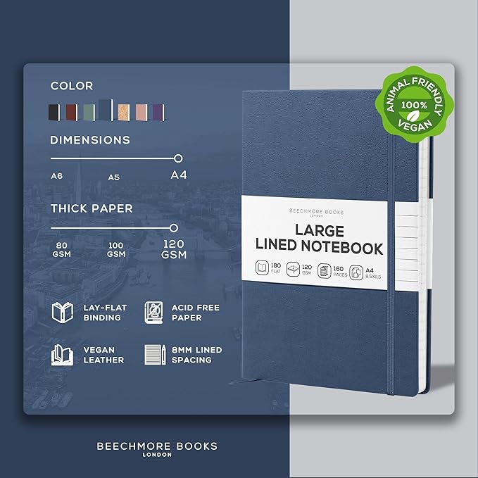 BEECHMORE BOOKS Lined Journal Notebook, 8.5 x 11.5 inch, A4 160 Lined Pages, Hardcover Leather Journals for Women, Men, Writing and Notebooks for Work - 120 GSM Thick Paper, Gifts Box Included