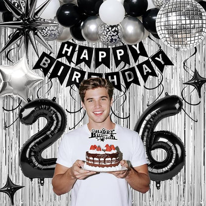 26th Birthday Decorations for Men Women, Black Silver Happy Birthday Party Decorations， 26 Year Old Party Supplies with Number 26 Balloons, Banner, Fringe Curtains Kit