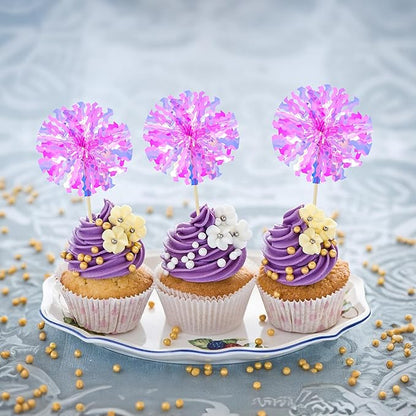 Ephlyn 30Pcs Foil Firework Cupcake Toppers Happy Birthday Cake Toppers Tinsel Flower Drink Stirrers Cocktail Food Fruit Toothpicks for Valentine's Day Party Decorations Rose Red