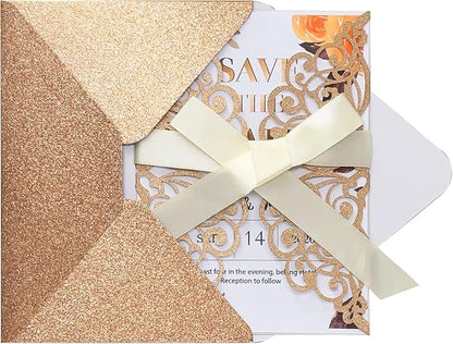 50Pcs Laser Cut Wedding Invitation With Glitter Envelopes And Ribbons Blank Personalized Card Invitaciones Para quinceañera Birthday Baby Shower Christmas Party Bridal Shower (Rose Gold)