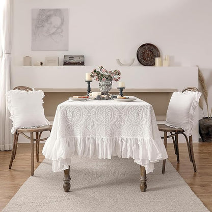patdrea Vintage Ruffle Tablecloth for Rectangle Tables,Farmhouse Embroidered Cotton White Lace Table Cloth Cover Decor for Dining Room Wedding Banquet Thanksgiving Christmas,59"*91"