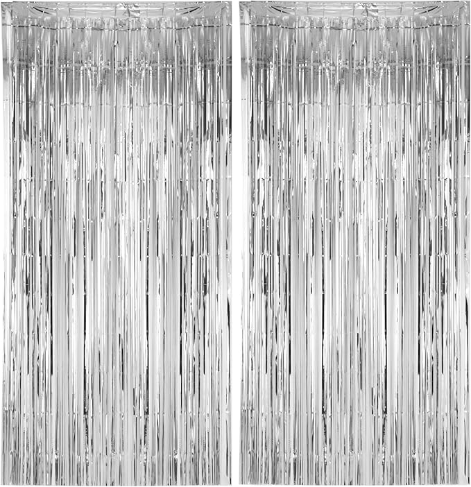2 Pack Silver Foil Fringe Backdrop Curtains, Tinsel Streamers Birthday Party Decorations, Fringe Backdrop for Graduation, Baby Shower, Gender Reveal, Disco Party