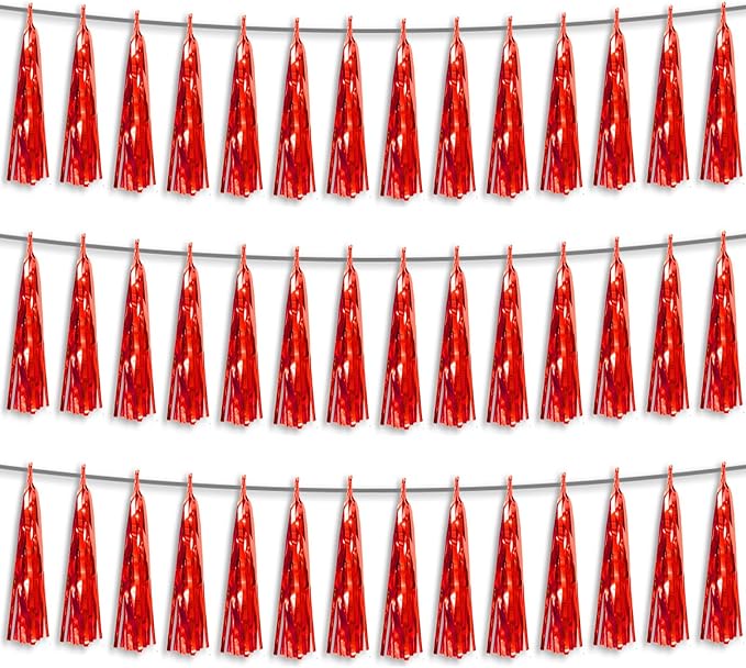 3P Red Foil Fringe Metallic Tassel Streamers Banner Tassel Garland for Parade Floats, Bachelorette, Wedding, Birthday, Halloween, Christmas, Bridal/Baby Shower Party Decorations