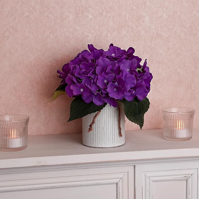 Flower Table Centerpieces - Set of 6 Floral Arrangement Artificial Wedding Hydrangeas Floral Arrangement with Rustic Metal Vase for Bridal Tea Party Event Decorations - Deep Purple