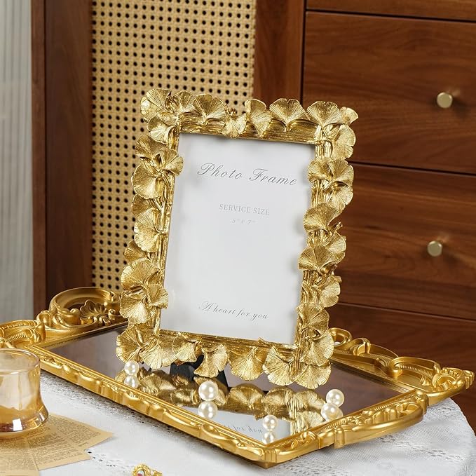 Cuspin 5x7 Picture Frame Vintage Gold Frames, Ornate Leaf Textured Hand-Crafted Resin with Glass Front, Gold Picture Frames for Tabletop Display, Retro Design Home Decor