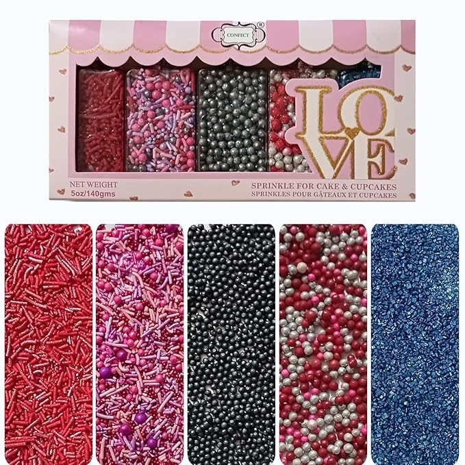 Confect Edible Sprinkles for Cake Decorating - Red Jimmies, Blush Pink Red Gun Metal Silver Pearl Mix with Navy Sparkling Sugar | Vegan, Gluten-Free, Dessert Topping - 5 Oz