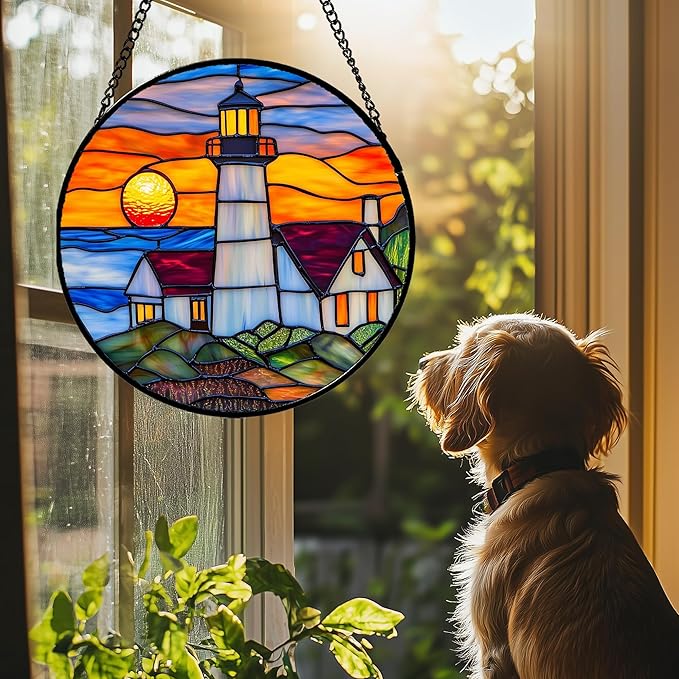 Stained Glass Window Hanging - Sea Lighthouse Suncatcher for Door Terrace Garden Home Decor Sunset Beach Scenery Sun Catcher Birthday Gifts for Lovers Women Men Dad Mom Nana 7.8 in