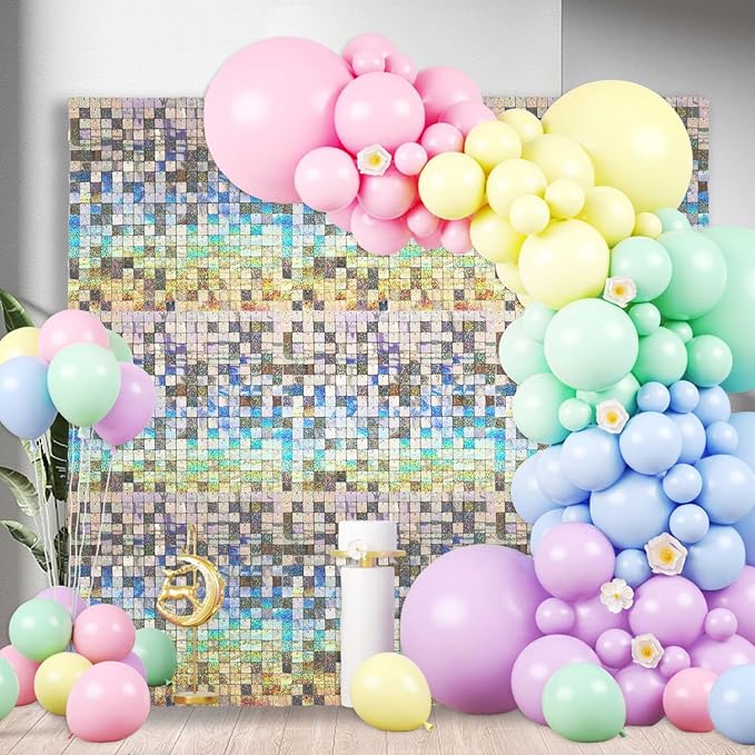 24PCS Silver Shimmer Wall Backdrop, Laser Square Sequin Photo Backdrops Panel, Glitter Wall Background for Birthdays, Weddings, Christmas, Engagements, Disco Bachelorette Party Decoration (4FTx6FT)