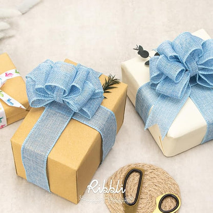 Ribbli Baby Blue Burlap Wired Ribbon,1-1/2” Inch x Continuous 10 Yard, Wired Edge Ribbon for Big Bow,Wreath,Baby Shower Decoration,Outdoor Decoration