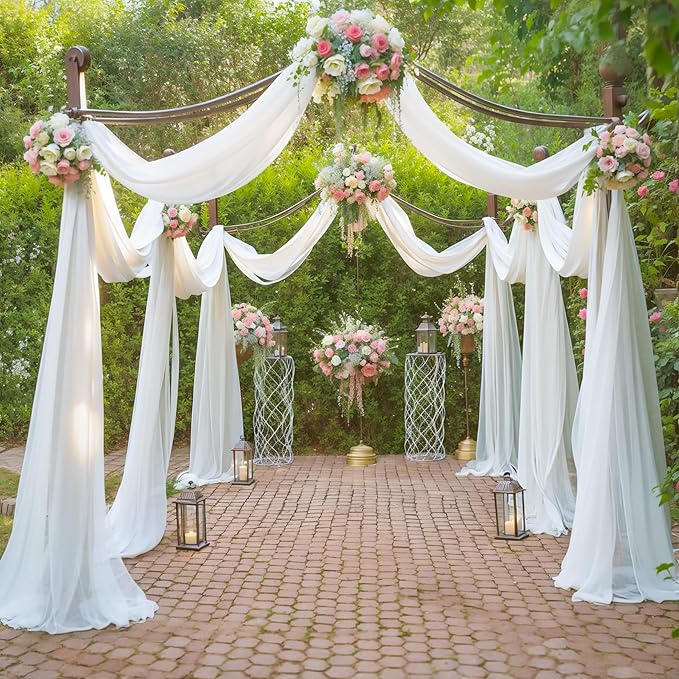 Wedding Arch Draping Fabric White Arch Drapes Sheer Backdrop Curtain for Ceremony Wedding Arches Decor 2 Panel 19Ft Length x 28" Width