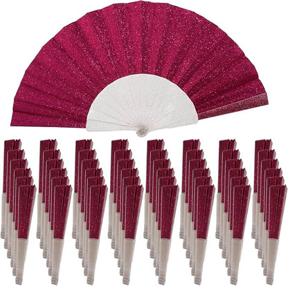 48 Pack Handheld Fan,Folding Hand Glitter fan with Shining Transparent Fan Rib – Ideal for Wedding, Church, Festival, Dance, Tea Party, Club, and EDM Accessories, Deep pink