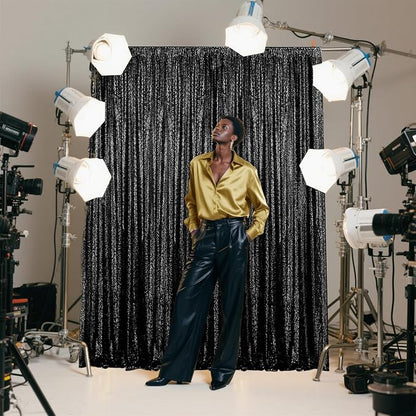Black Sequin Backdrop Curtain 2 Pieces 2FTx8FT Glitter Photography Backdrop for Party Wedding Birthday Christmas Decorations