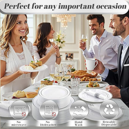 350Piece Silver Plastic Dinnerware Set for 50 Guests - Silver Plastic Plates with Cutlery Include:50Dinner Plates-50Dessert Plates-50Pre Rolled Napkins with Silverware for Christmas
