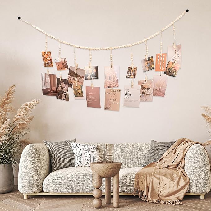 Hanging Photo Display with 18 Wood Clips, Boho Wooden Bead Wall Décor for Bedroom, Living Room, Dorm, Kids Art Picture Display