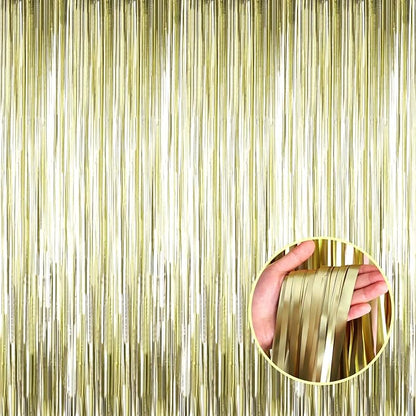 4 Pack Light Gold Foil Fringe Curtain Backdrop, 3.28Ft x 8.2Ft Metallic Tinsel Foil Fringe Streamer Curtains for Party, Photo Booth Props, Birthday, 2022 Graduation Party Supplies