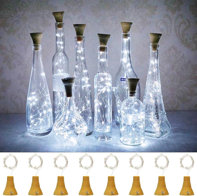Upgraded 8 Pack Solar Wine Bottle Lights, 20LED Silver Wire Cork Lights Waterproof Fairy Lights for Liquor Bottles Crafts Party Wedding Halloween Christmas Decor(Cold White)