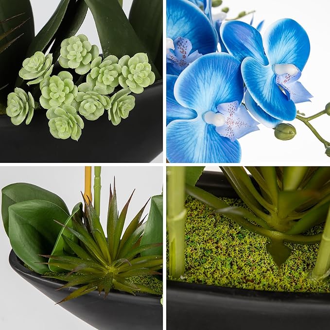 Briful Blue Orchid Fake Flowers 17in Artificial Orchid Silk Flowers in Black Pot Faux Orchid Arrangement for Home Office Bathroom Table Shelf Modern Decoration