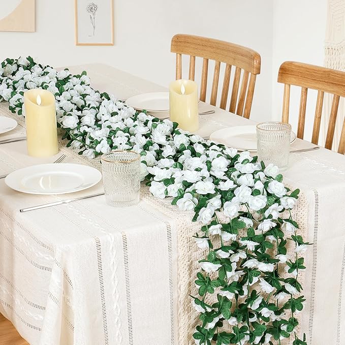 KHOYIME 9 Pack 72 FT Artificial Flower Garland, Fake White Roses Vines Silk Flowers Faux Plastic Outdoor Hanging Floral Ivy Garland Decoration for Wedding Arch Bedroom Home Wall Backdrop Room Decor
