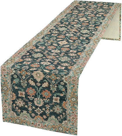 Vintage Boho Floral Table Runner, Rustic Country Farmhouse Blue Teal Red Bohemia Flower Pattern for Home Kitchen Table Decor Dining Coffee Room Party Decor 13x120in