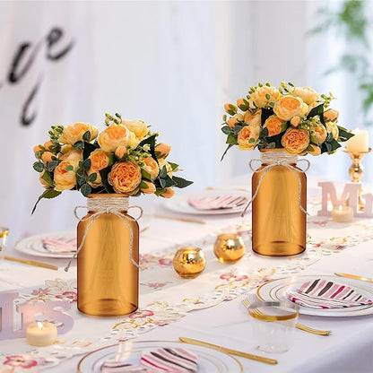 Vintage Glass Flower Vase，6 Pack Farmhouse Amber Gold Glass Centerpiece Vases Mason Jars for Christmas Weddings, Parties & Home Decor Bulk (6, Amber)