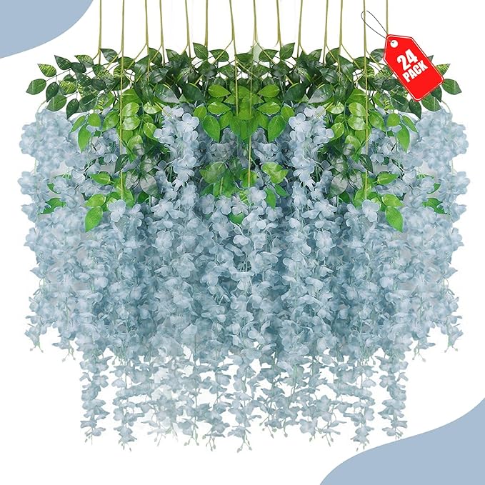 24 Pack Grey Wisteria Hanging Flowers, 3.4 Ft Fake Hanging Flowers, Artificial Wisteria Garland Vines for Wedding Room Backdrop Outdoor Patio Garden Decoration