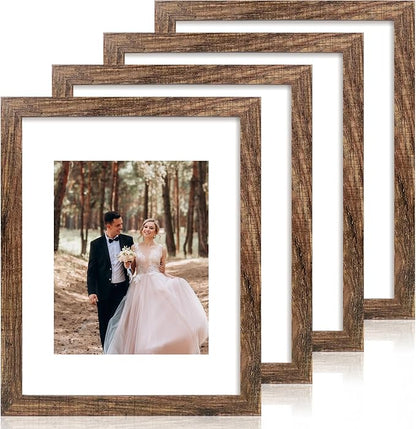 11x14 Picture Frame Set of 4 with Tempered Glass, Rustic Frame Display 8x10 Pictures with Mat or 11 x 14 Without Mat, Wooden Photo Frames for Wall Mounting