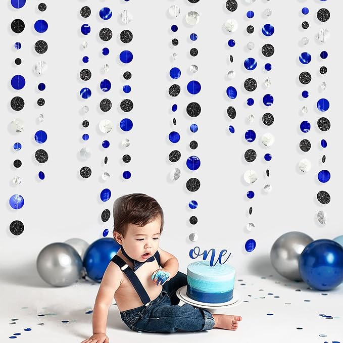 46Ft Navy Blue Black Silver Circle Dots Garland Royal Blue Black Polka Dots Streamer for Birthday Graduations Wedding Bridal Baby Shower Nautical Ahoy Achor Pirate Theme Party Decorations Supplies