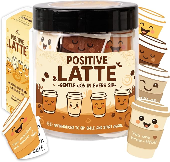 Positive Latte Affirmation Jar – 60pcs Cute Emotional Support Lattes – Coffee Gifts for Women, Men– Birthday Gift, White Elephant Gift for Coworker, Boss, Nurse, Teacher, Teens, Back to School Gifts
