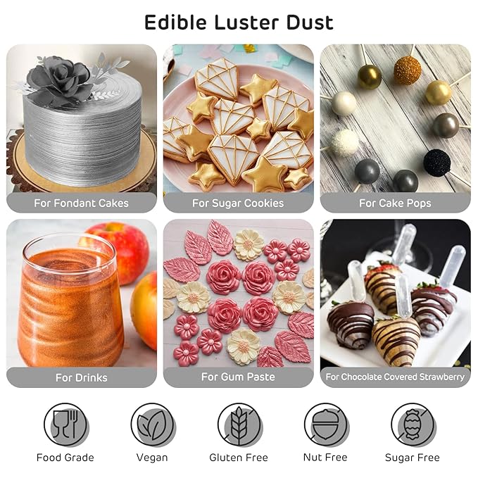 Nomeca Edible Luster Dust, 8 Grams Food Grade Shimmer Gold Cake Dust Metallic Food Coloring Powder for Cake Decorating, Baking, Fondant, Gumpaste, Chocolate, Candy, Drinks, Cookies - Dark Silver