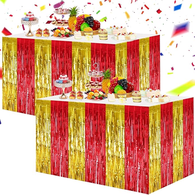 BEISHIDA 2 Pack Red Gold Table Skirts Party Decorations Metallic Tinsel Foil Fringe Decors for Rectangle and Round Table Birthday Chinese New Years Holiday Graduation Congrats 2026 Party