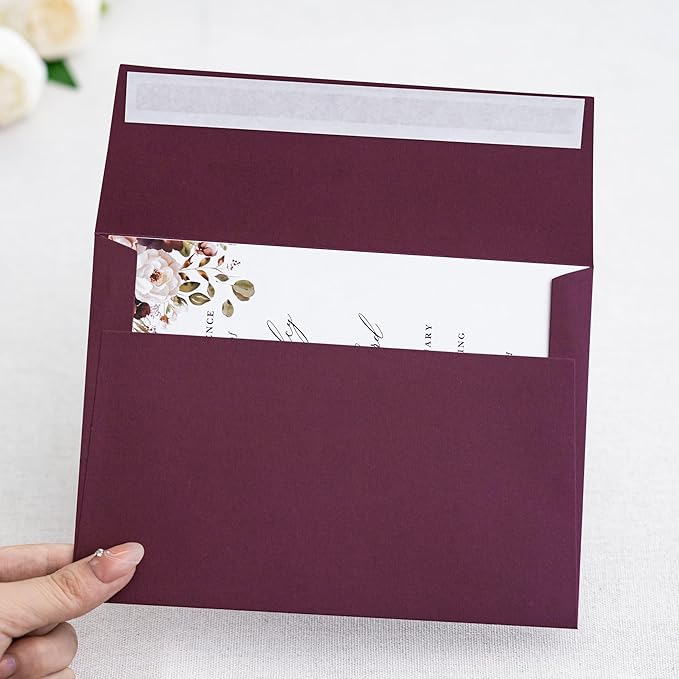 PONATIA 50PCS 5x7 Envelopes, Burgundy A7 Envelopes Self Seal for Weddings, Invitation Cards, Photos, Postcards, Greeting Cards Mailing, Baby Shower, Graduation, Christmas Gift Cards