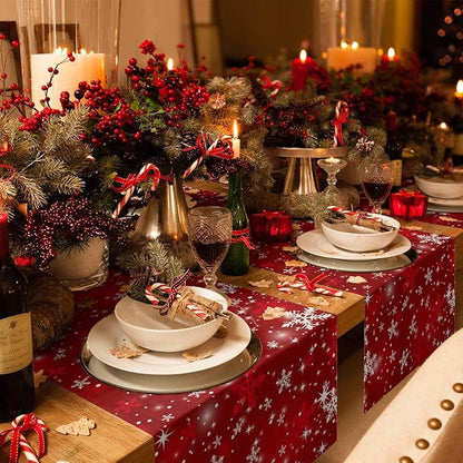 Christmas Snowflakes Cotton Linen Table Runner for Dining Kitchen, Red Xmas Winter Snow Wedding Outdoor Party Tablerunners Decoration, New Year Dresser Scarf Coffee Tablecloth Runners 13x60 Inches