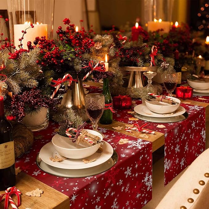Christmas Snowflakes Cotton Linen Table Runner for Dining Kitchen, Red Xmas Winter Snow Wedding Outdoor Party Tablerunners Decoration, New Year Dresser Scarf Coffee Tablecloth Runners 13x70 Inches