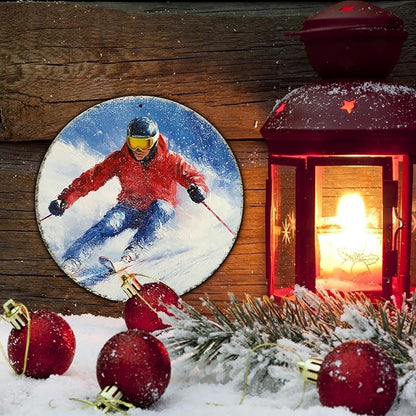 Round Ski Vintage Metal Sign Skiing Sign, Office Sign Home Décor Ski Lodge Décor Cabin Tin Sign 8 * 8 in