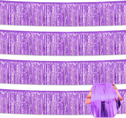 4 Pack 10 Feet Light Purple Foil Fringe Garland Metallic Tinsel Streamers Banner Wall Hanging Curtain Backdrop for Parade Floats, Wedding, Graduate, Mother's Day, Birthday Party Decoration
