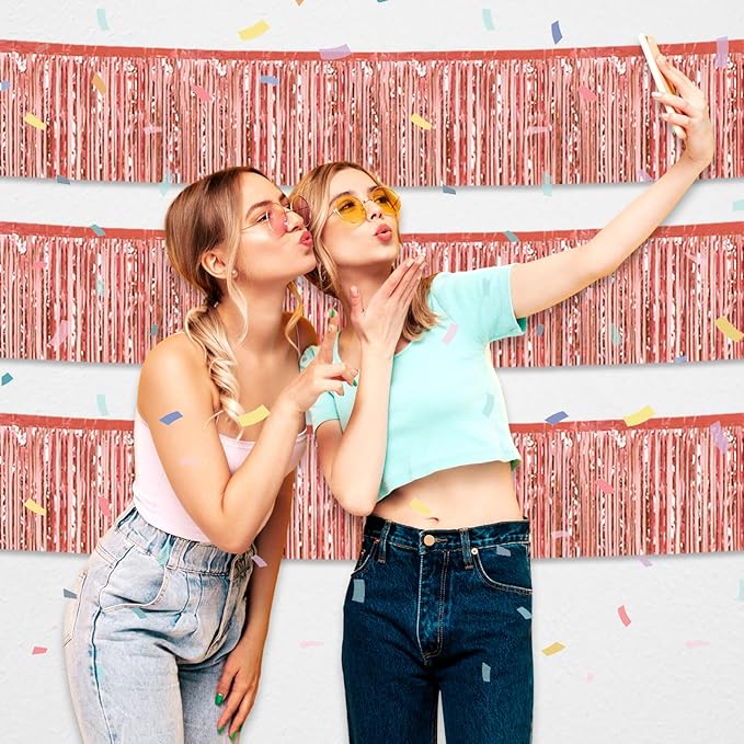 6 Pack 10 Feet Rose Gold Foil Fringe Garland Metallic Tinsel Streamers Banner Wall Hanging Curtain Backdrop for Parade Floats, Birthday, Graduate, Mother's Day, Wedding Party Decoration