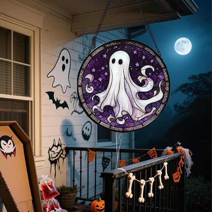 Stained Glass Window Hanging - Halloween Decorations White Ghost Purple Stars Suncatcher for Doors Garden Spooky Funny Sun Catchers Gothic Decor Horror Gifts for Women Men Friend 15 in