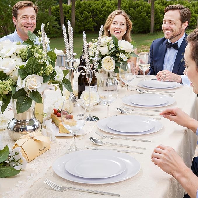bUCLA 200PCS White Plastic Plates - Heavy Duty White Disposable Include 100 Dinner 10inch & 100 Dessert 7inch Plates, Ideal for Wedding&Party