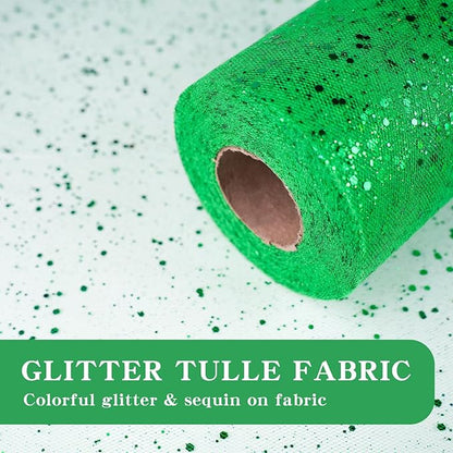 Glitter Tulle Rolls, 6” by 50 Yards (150FT) Sparkling Tulle Spool Ribbon Sequin Tulle Netting Fabric for Tutu Skirt Wedding Birthday Baby Shower (Green)