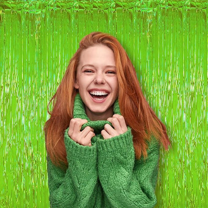 2 Pack Green Iridescent Tinsel Foil Fringe Curtains, Neon Party Decorations, Metallic Tinsel Party Streamers Backdrop for Birthday Baby Shower Halloween Wedding Party Decorations