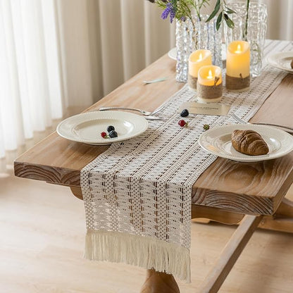 Keketo Boho Table Runner White for Home Décor 12x72 Inches Farmhouse Macrame Burlap Jute Rustic Dining Kitchen Centerpiece Bohemian Decor French Country Bridal Shower Decorations